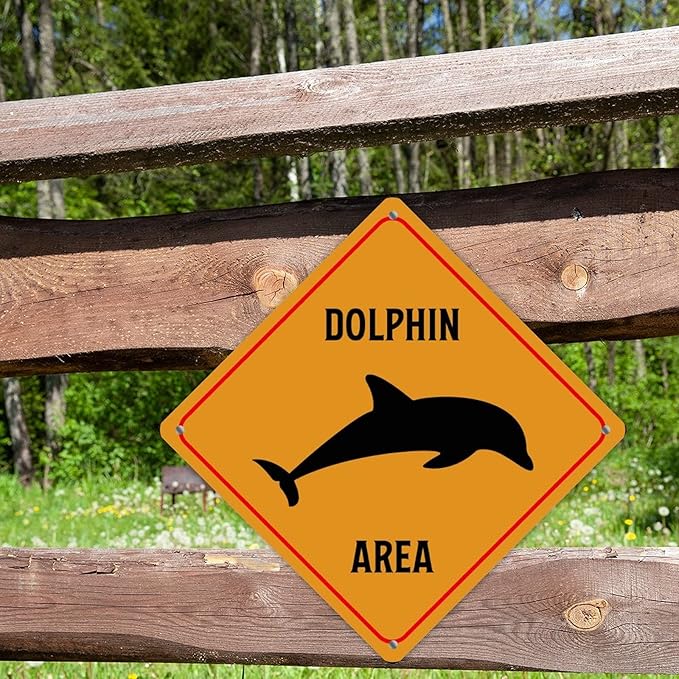 Dolphin Crossing Sign Caution DolphinXing Sign Street Sign Wildlife Novelty Road Fence Wall Decor Warning Metal Tin Sign For Indoor Outdoor 10x10in