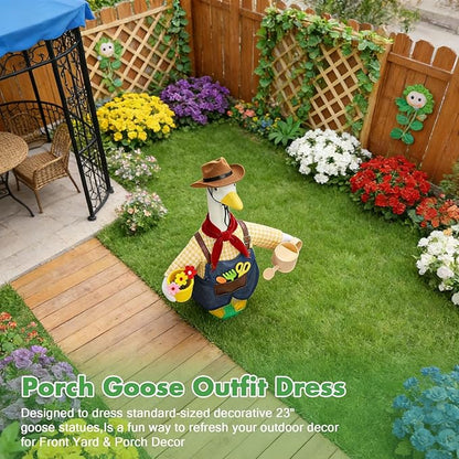 Porch Goose Outfit for 23" Cement & Plastic Goose Statue – Gardener Porch Goose Clothes with Cowboy Hat,Includes Scarf,Tools,Watering Can & Flower Pot, Outdoor Lawn Yard Decor & Front Porch