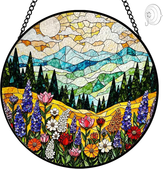 Mountain Wildflower Suncatcher Stained Glass Window Hanging - 8 Inch Plant Flower Suncatchers for Windows Hanging - Sun Catchers Indoor Outdoor Garden Decorations Glass Panel Gift for Women Mom Lovers