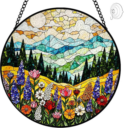 Mountain Wildflower Suncatcher Stained Glass Window Hanging - 8 Inch Plant Flower Suncatchers for Windows Hanging - Sun Catchers Indoor Outdoor Garden Decorations Glass Panel Gift for Women Mom Lovers
