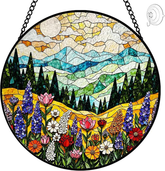 Mountain Wildflower Suncatcher Stained Glass Window Hanging - 8 Inch Plant Flower Suncatchers for Windows Hanging - Sun Catchers Indoor Outdoor Garden Decorations Glass Panel Gift for Women Mom Lovers