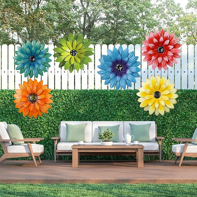 Outdoor Metal Wall Art Decor, 2 Pack 8 Inch Sunflower Wall Decorations, Hanging Outdoor wall Decor, Handmade Metal Flowers for Outdoor Outside Indoor Decor,Yellow+Orange