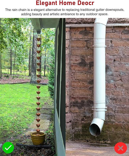 Copper Rain Chain for Heavy Rain, Decorative Rainwater Diverter, Outdoor Garden Decor for Gutter Downspout (Style1 2.4m (7.9ft))