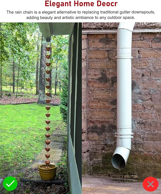 Copper Rain Chain for Heavy Rain, Decorative Rainwater Diverter, Outdoor Garden Decor for Gutter Downspout (Style1 1.6m (5.25ft))