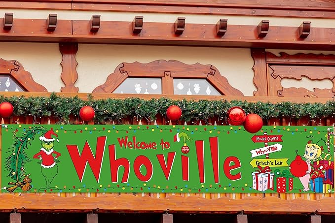 Nepnuser Christmas Fence Banner Green Christmas Winter Holiday Birthday Party Decoration Xmas Large Home Garden Outdoor Yard Hanging Sign-1.6 * 8.2ft