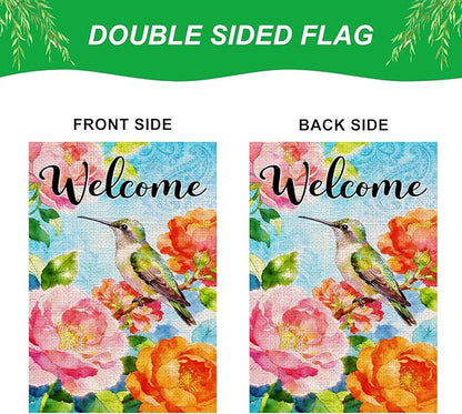 IVN Welcome Hummingbird Garden Flag 12x18 Inch – Colorful Floral Peony Spring Summer Outdoor Flag, Double Sided Burlap Farmhouse Yard Flag for Porch Lawn Patio Decor