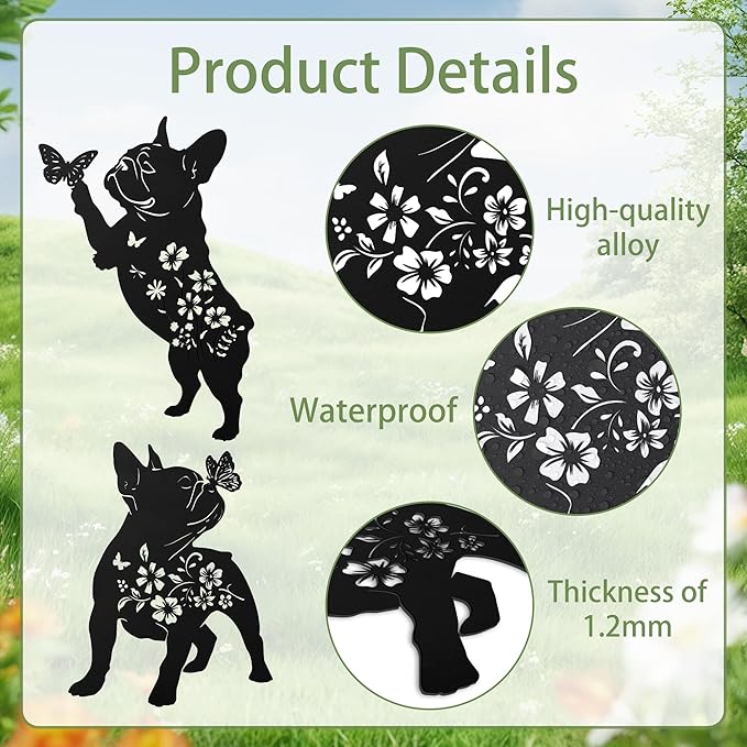 French Bulldog Decorative Garden Stakes, 2 Pcs Frenchie Gifts for Women Men Dog Lover, French Bulldog Butterfly Flower Outdoor Yard Art Lawn Decor