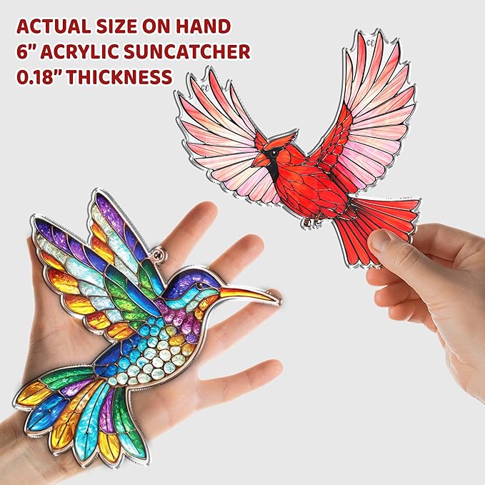 2 Cardinal Hummingbird Acrylic Suncatchers, 6" Bird Window Hanging Ornaments, Fall Decorations for Home Window Door, Birthday Christmas Bird Lover Gifts for Women, Friends, Memorial Keepsake SS351