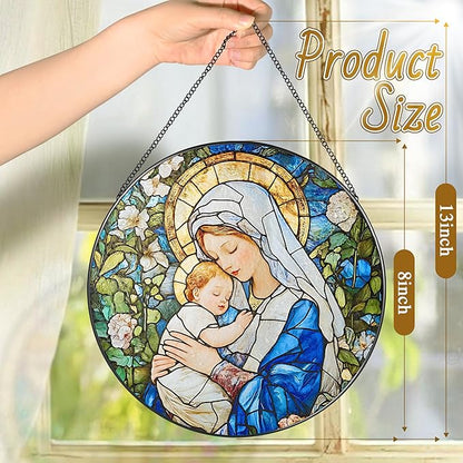 8 Inch Virgin Mary Stained Glass Suncatcher, Suncatchers for Windows Hanging, Baby Jesus Window Decoration, Religious Suncatcher, Catholic Window Hanging, Gift for Religious, Christian Gifts
