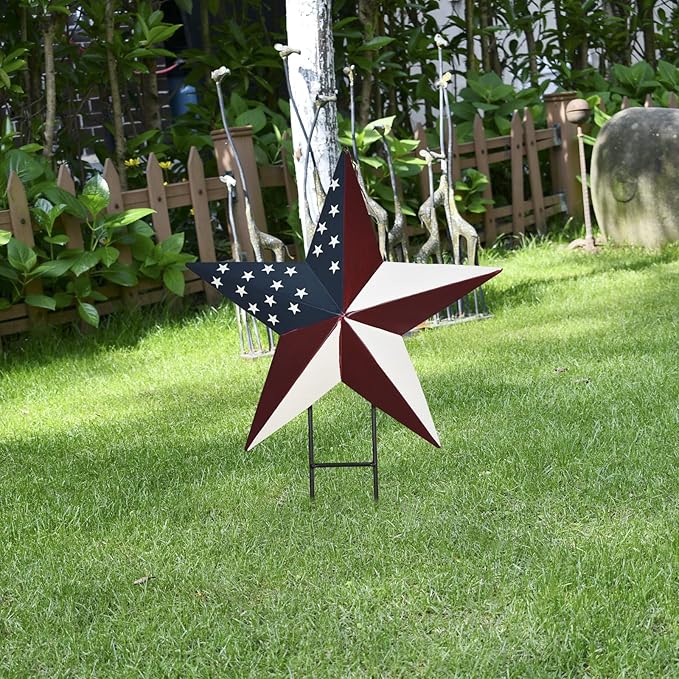 Linfevisi American Flag Star Yard Signs 17.7 Inch Metal Patriotic Barn Stars Garden Stakes US Flag Outdoor 4th of July Decorations Memorial Day Yard Art Lawn Ornaments Patio for Outside
