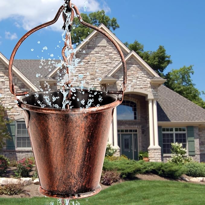8.66 Ft Gutter Rain Chain, Metal Collector Rain Chain for Eaves Drainage, 16 Cup Small Bucket Metal Decorative Gutter Rain Chain, Outdoor Decorative Rain Chain (Brown)