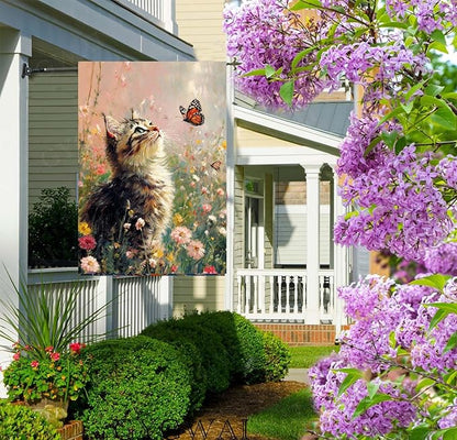 Spring House Flag 28x40 Inch Double Sided, Cat and Butterfly Floral Garden Flags Large Burlap Outdoor Yard Flag for Farmhouse Holiday Outside Decorations