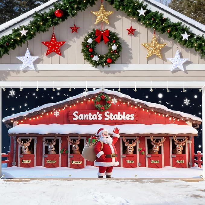Christmas Decorations Garage Door Cover, 16 x 7 ft Santa's Stables Xmas Garage Door Banner Covering Mural Backdrop Background, Holiday Party Wall Decor Indoor Outdoor