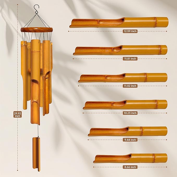 Bamboo Wind Chimes 30" 6 Pipes, Handcrafted Wooden Wind Chime Bring a Unique and Soothing Melody, Create a Zen Atmosphere for Outdoor Indoor Decor, for Sympathy, Memorial