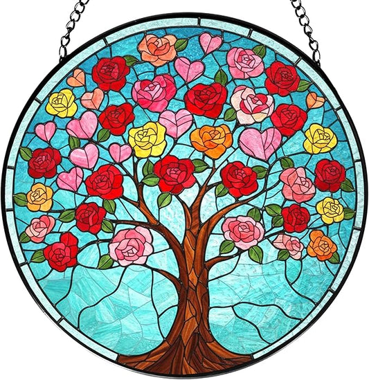 Tree of Life Stained Glass Suncatcher, Pink Love Tree Stained Glass Window Hanging, Valentines Day Window Decorations, Meaningful Gift for Mom, Grandma, Birthday & Mother’s Day, 7.9x7.9in