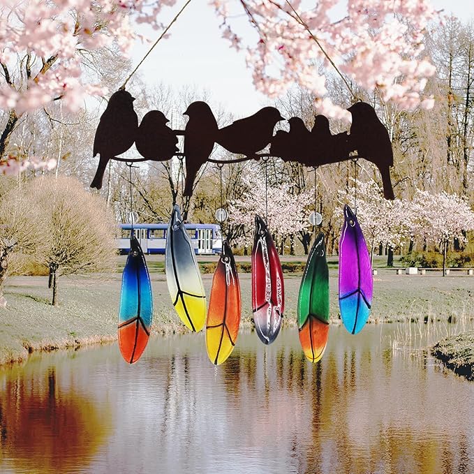 Wind Chimes for Outside with Handmade Glass Feather, Metal Bird Art Ornaments Pendant Windchimes Outdoors Hanging for Indoor Outdoor Yard Patio Porch Decoration, Birthday Gifts for Mom