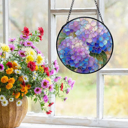 Hydrangea Decor, Spring Hydrangea Flower Suncatchers Stained Glass Window Hanging, Flower Sun Catchers Indoor Window Glass Round Wall Decor, Floral Wall Hanging Decorations, 7.9x7.9in