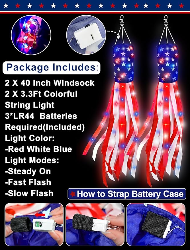 250th Anniversary USA, 2 Pack 40 Inch American Flag Windsock with Lights Red White Blue Star Stripes Patriotic Windsock Hanging 4th of July Decorations Memorial Day Independence Day Fourth of July
