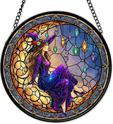 7.8" Moonlight Witch Suncatcher Stained Glass Window Hanging Mystical Witchy Sun Catchers Halloween Ornaments Wall Art Door Garden Room Home Decor Birthday for Teens Women