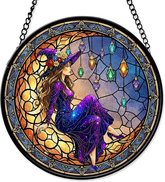 7.8" Moonlight Witch Suncatcher Stained Glass Window Hanging Mystical Witchy Sun Catchers Halloween Ornaments Wall Art Door Garden Room Home Decor Birthday for Teens Women