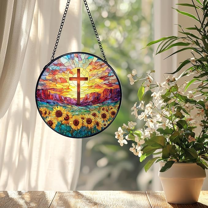 Christian Gifts for Women, Easter Christian Cross Sunflower Suncatcher Stained Glass Window Hanging, Cross Flower Sun Catchers Indoor Window Glass Wall Art Decor, 7.9x7.9 Inch