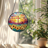 Christian Gifts for Women, Easter Christian Cross Sunflower Suncatcher Stained Glass Window Hanging, Cross Flower Sun Catchers Indoor Window Glass Wall Art Decor, 7.9x7.9 Inch
