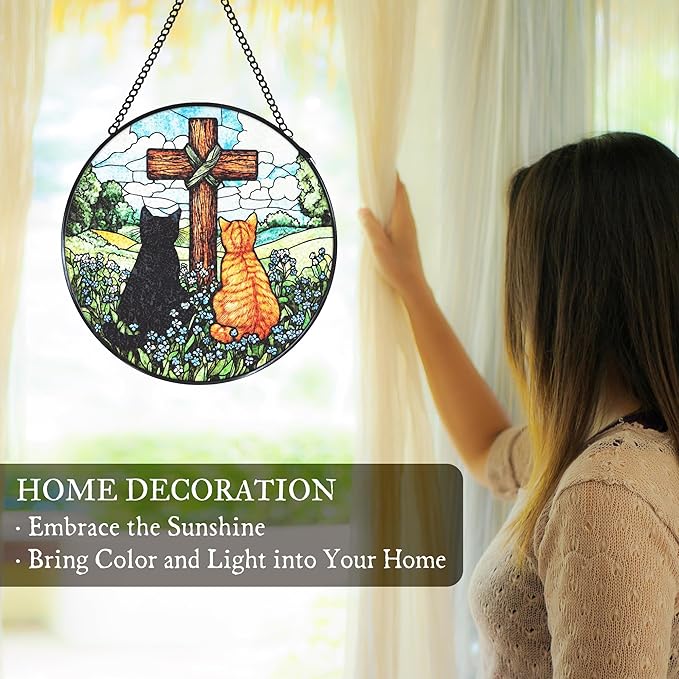 Cat Cross Stained Glass Window Hanging Suncatcher Gifts for Women, Christian Forget Me Not Sun Catcher Indoor Window Decor, Rustic Cats Painted Glass Wall Hanging Decorations 7.8x7.8 in