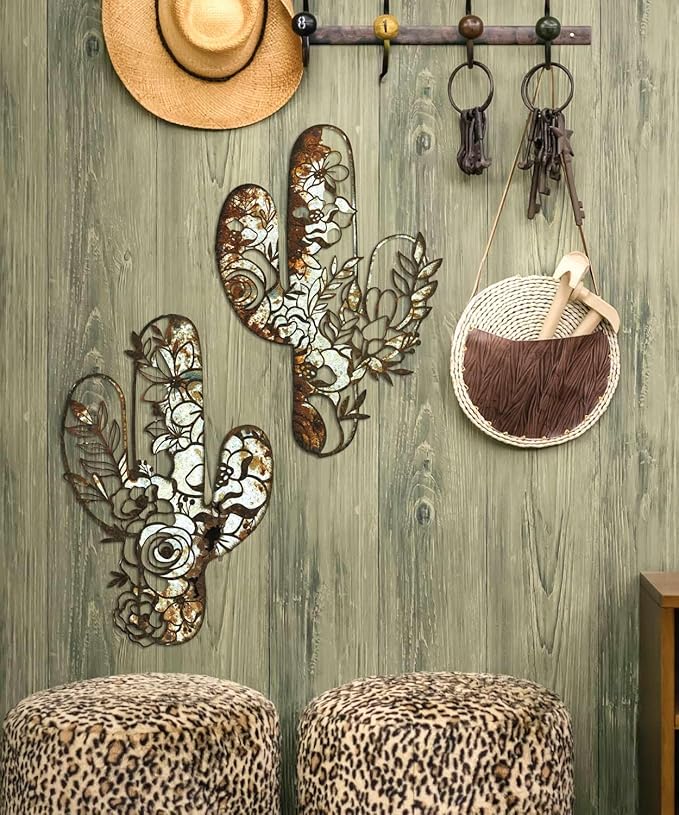 Putuo Decor Cactus Wall Art Set of 2, Rustic Flower Cactus Wall Decor, Floral Nature-Inspired Metal Wall Art for Living Room, Bedroom, Bathroom, Boho Style, 12.2 x 4.6 inches