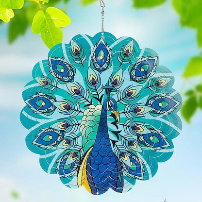 Peacocks 3D Stainless Steel Wind Spinner - Outdoor Wind Catchers, Kinetic Hanging Ornament, 12Inch Wind Spinners for Gardens and Courtyards