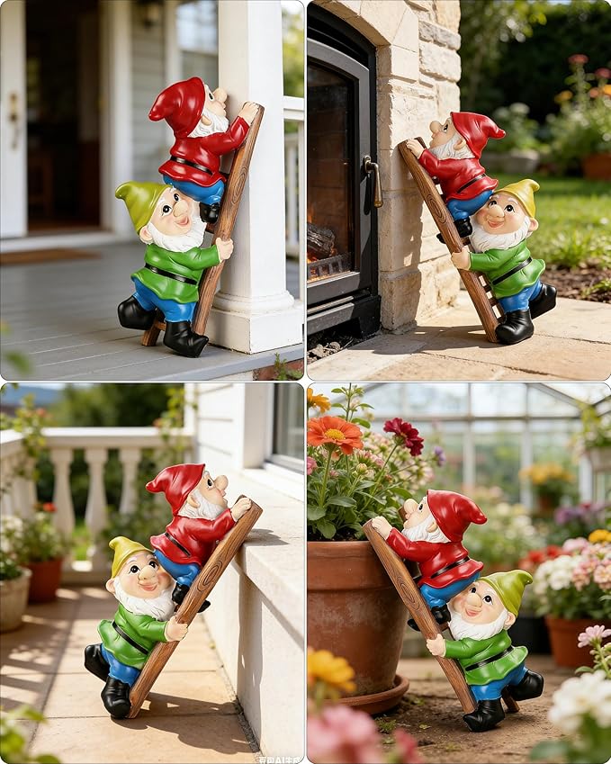 Climbing Garden Gnome with Ladder, Funny Outdoor Statue for Yard Decor Gift for Mom, Women