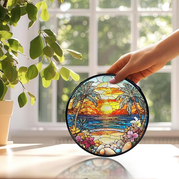 Tropical Beach Suncatchers Stained Glass Window Hanging, Coastal Ocean Sun Catchers Indoor Window Glass Round Wall Decor, Coastal Seascape Beach Wall Hanging Decorations, 7.9x7.9in