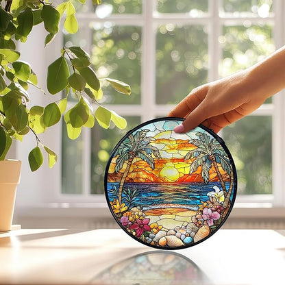 Tropical Beach Suncatchers Stained Glass Window Hanging, Coastal Ocean Sun Catchers Indoor Window Glass Round Wall Decor, Coastal Seascape Beach Wall Hanging Decorations, 7.9x7.9in