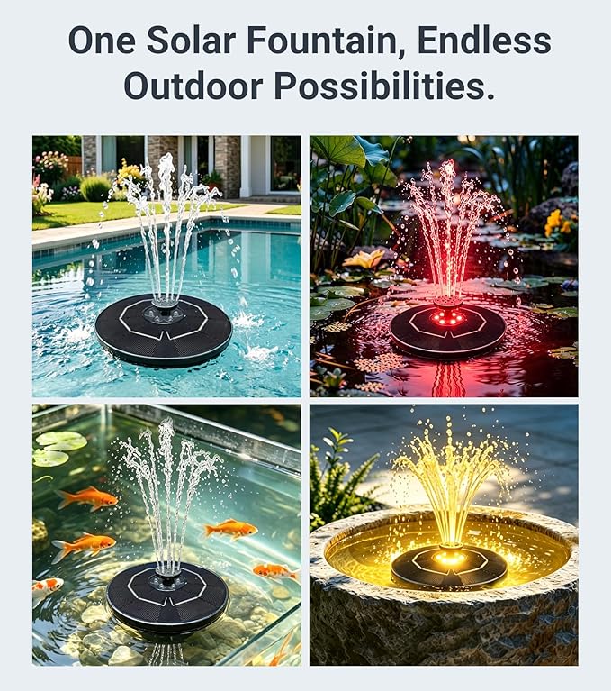 6.3" D Solar Fountain with Battery Backup, 9V/2W Solar Fountain Pump with LED Lights, 5 Nozzles Bird Bath Fountain, Floating Solar Water Fountain for Garden, Pond, Patio
