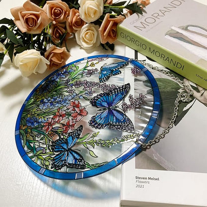 Butterfly Stained Glass Suncatcher, 8.6 inch Large Sun Catchers with Hook and Chain, Blue Butterfly Decorations Gifts for Women