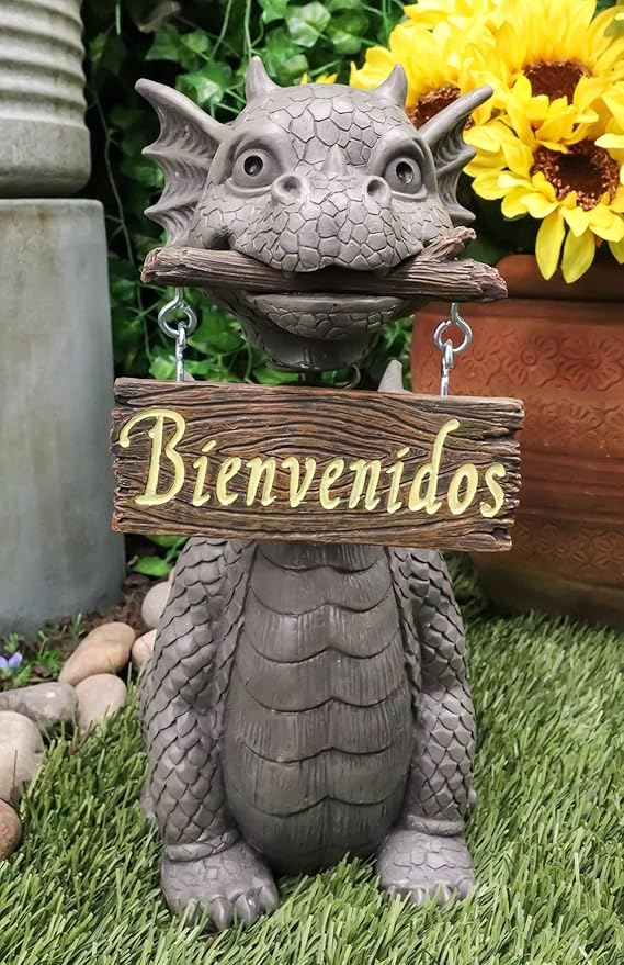 Ebros Gift Bienvenidos Welcome Sign Dragon Garden Greeter Bobblehead Statue Faux Stone Resin Finish 13.25" H