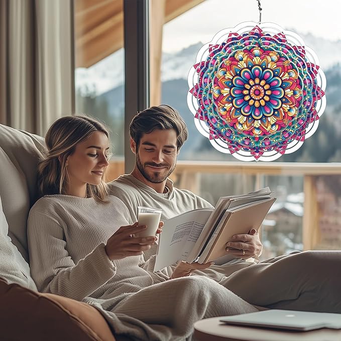Wind Spinners Outdoor, Hanging Wind Spinner for Garden Decoration, 8 inch 3D Stainless Steel Metal Wind Sculpture for Indoor/Outdoor Decor, Multi Red Mandala