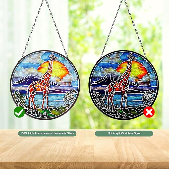 Giraffe Stained Glass Window Hanging Suncatcher with Chain - 7.9" Outdoor/Indoor Art Decor for Home Garden, Thanksgiving, Wedding, Mother's, Valentine's & Christmas Ornaments Present Gifts