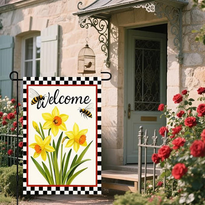IVN Welcome Garden Flag 12x18 Inch Double Sided Spring Summer Garden Yard Flags Daffodils Bees Decorative Small Flags for Outdoor Seasonal Front Door Lawn Porch Patio Decor Yard Flag