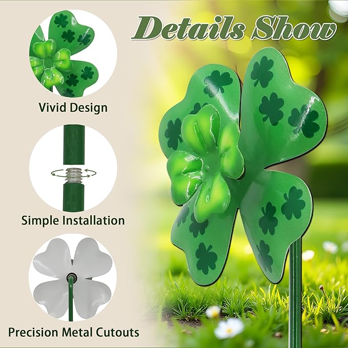 4pcs Clover Yard Wind Spinners Outdoor Decoration Stakes Lawn Ornaments, Lawn Decorations Garden Stakes, Metal Outside Decorations for Metal Yard Art Flower Garden Decor, Spring Mom Gifts