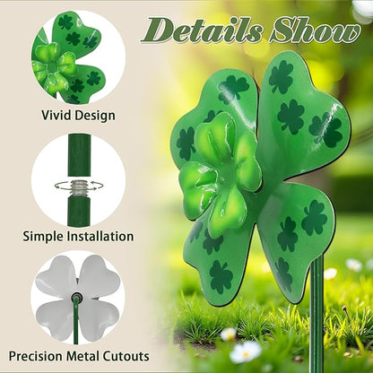 4pcs Clover Yard Wind Spinners Outdoor Decoration Stakes Lawn Ornaments, Lawn Decorations Garden Stakes, Metal Outside Decorations for Metal Yard Art Flower Garden Decor, Spring Mom Gifts
