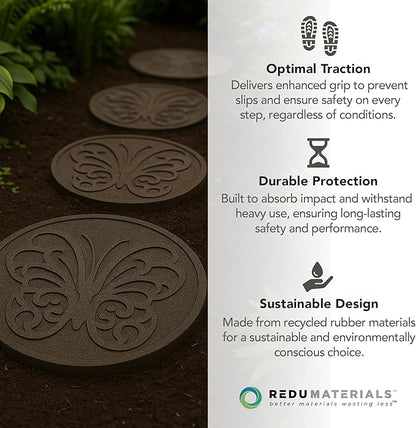 Garden Central 4-Pack 18”x18” Fake Butterfly Rubber Stepping Stones, Round, Grey – Reversible Non-Slip Outdoor Faux Decorative Set for Landscaping – DIY Decor for Walkways & Yard Pathways