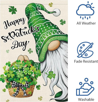 Heyfibro Happy St. Patrick's Day Gnome Garden Flag 12x18 Double Sided Burlap, Shamrock Basket Yard Flag for Spring Seasonal Irish Holiday Farmhouse Yard Outdoor Decor(ONLY FLAG)