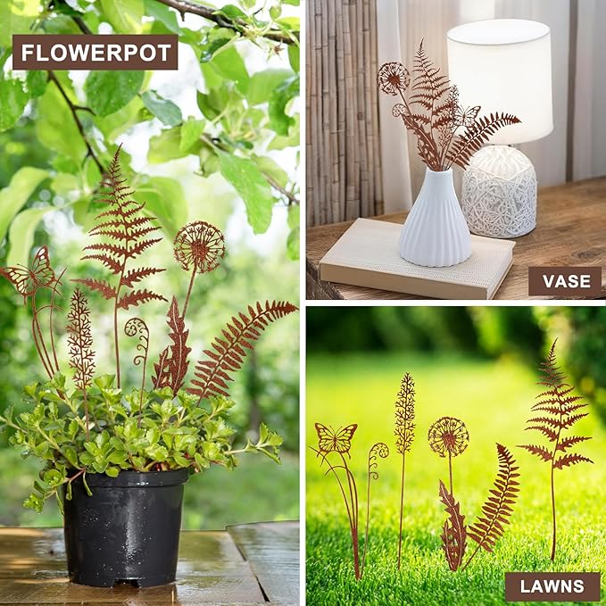 Set of 6 Metal Flowers for Outside, Metal Flowers Garden Outdoor Yard Ornaments Decor Plant Fairy Garden Stakes Yard Art Plant Decorations for Pots Accessories Lawn Ornaments