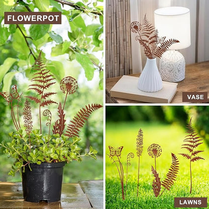 Set of 6 Metal Flowers for Outside, Metal Flowers Garden Outdoor Yard Ornaments Decor Plant Fairy Garden Stakes Yard Art Plant Decorations for Pots Accessories Lawn Ornaments