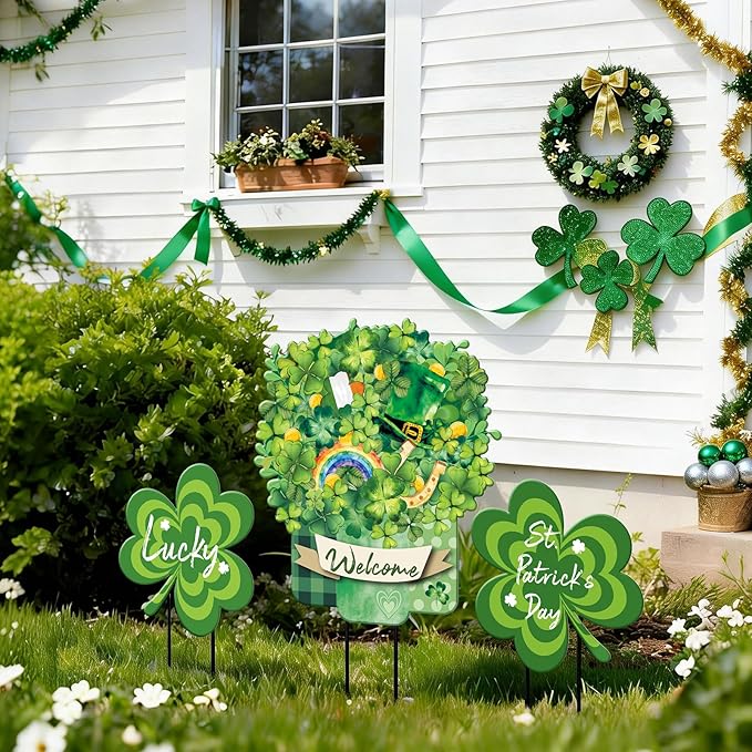 Lawnldyll 3 Pcs Metal St. Patrick's Day Yard Signs with Lucky Shamrocks Happy St. Patrick's Day Hanging Door Decor Welcome Yard Stakes for Irish Holiday Home Patio Lawn Outdoor Indoor Decor