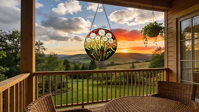 Stained Glass Window Hanging - Colorful Dandelion Pattern 6.3 Inches Suncatcher for Garden Home Decor for Women Mon Grandma Friends