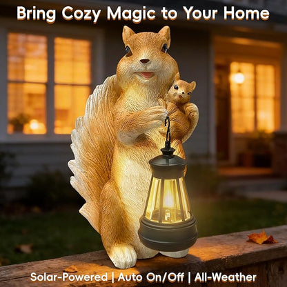 Solar Garden Statues, Cute Smiling Animal Outdoor Decor with 8 Bright LED Lights for Patio Yard Balcony Perfect Mother‘s Day Birthday Housewarming Garden Gift (Orange White Squirrel)