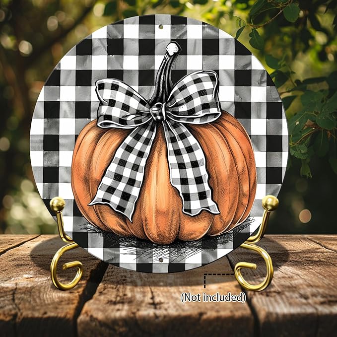 Vintage Pumpkin Fall Round Metal Sign Pumpkin Thanksgiving Day Sign Farmhouse Rustic Wreath Wall Decoration for Indoor Outdoor Home Porch Window Decor 12 Inch
