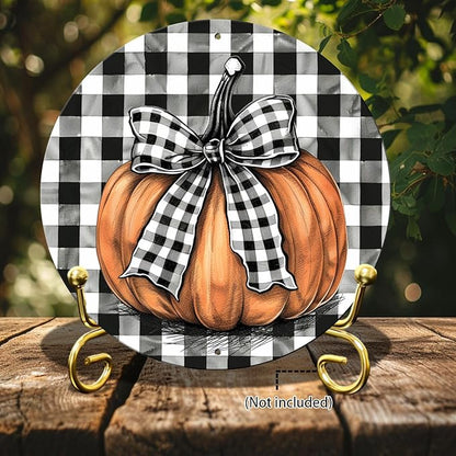 Vintage Pumpkin Fall Round Metal Sign Pumpkin Thanksgiving Day Sign Farmhouse Rustic Wreath Wall Decoration for Indoor Outdoor Home Porch Window Decor 12 Inch