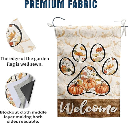Welcome Fall Pumpkin Garden Flag Paw Print of Dog Autumn Wild Flower Yard Banner Outside Halloween Thanksgiving Outdoor Decor 12x18 Double Sided Small